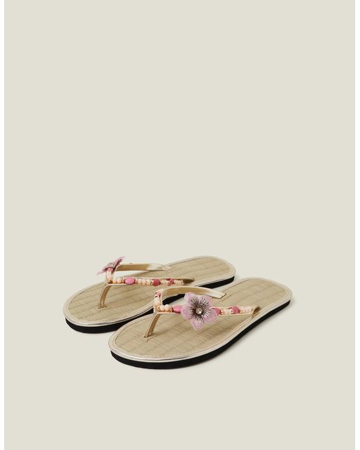 Accessorize Natural Flower Beaded Seagrass Flip Flops