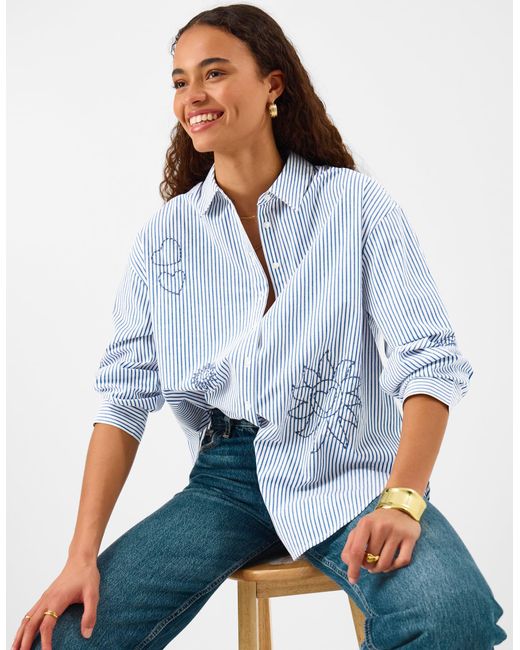 Accessorize Blue Long Sleeve Cotton T-Shirts Striped Embroidered Stripe Shirt, Light