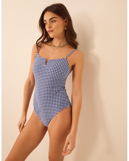 Accessorize Blue One-Piece Sleeveless Regular Gingham Print Shaping Swimsuit
