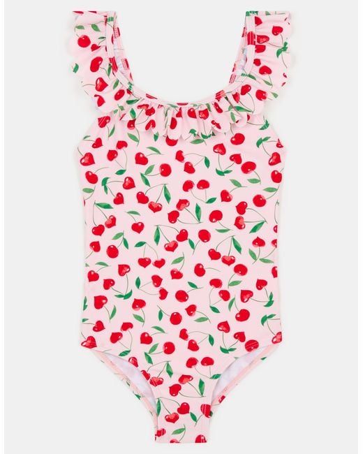Accessorize Red Little Girl's Sleeveless Cherry Print Girls Frill Swimsuit