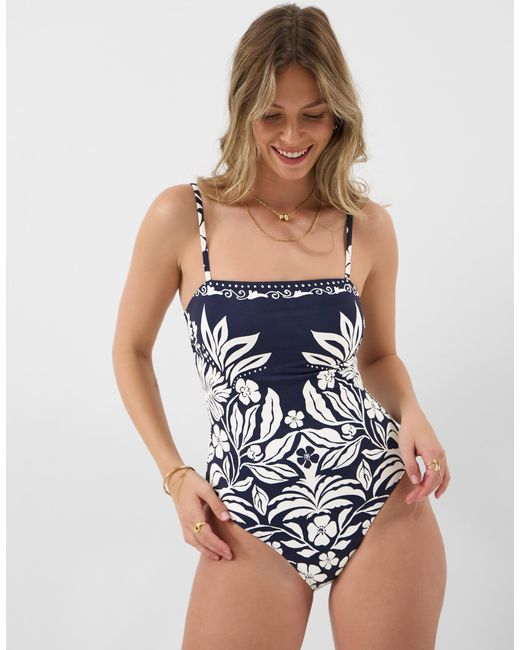 Accessorize Blue Cream Floral Print Bandeau Swimsuit