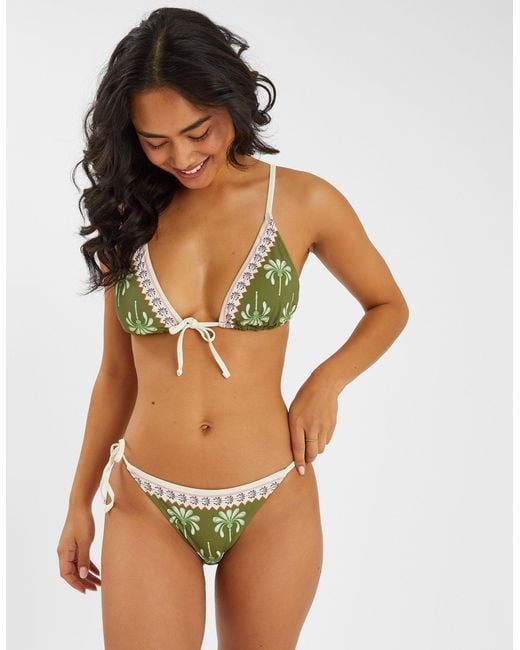 Accessorize Green Khaki & Palm Print Tie Front Triangle Bikini Top