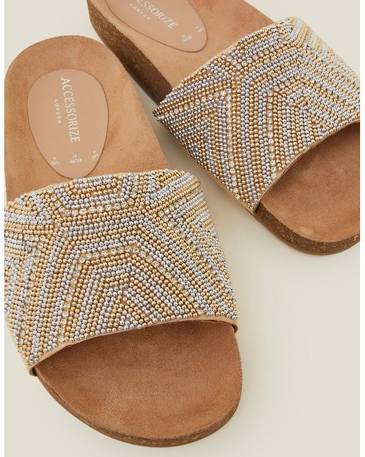 Accessorize Natural Women's Beaded Sparkle Sliders Gold