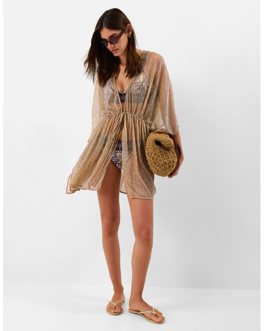 Accessorize Natural Casual Mini Short Sleeve V-Neck Regular Kaftan Shimmer