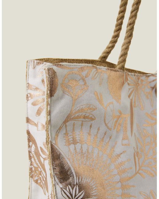 Accessorize Natural Women's White And Gold Cotton Metallic Jute Shopper Bag