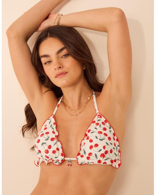 Accessorize Brown Cherry Print Ruffle Bikini Top