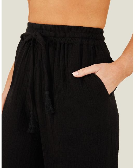 Accessorize Black Wide Leg Relaxed Fit Cotton Crinkle Beach Trousers