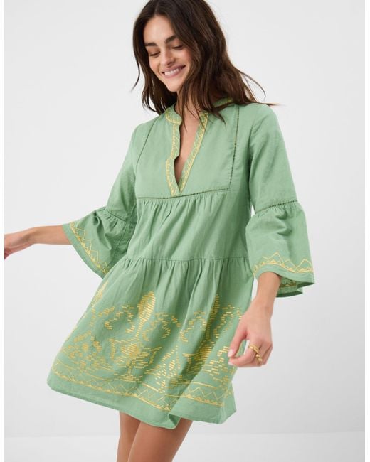 Accessorize Green Cotton Embroidered Flute Sleeve Mini Dress