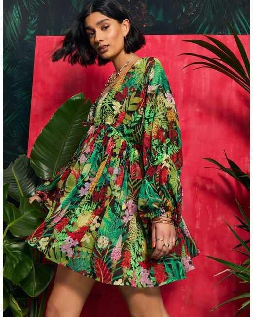 Accessorize Jungle Print Long Sleeve Mini Beach Dress Green