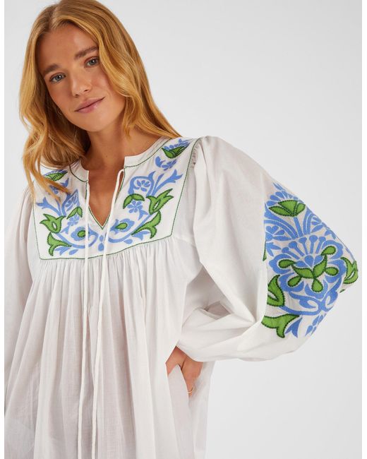 Accessorize White Embroidered Long Sleeve Cotton Smock Dress