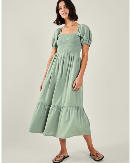 Accessorize Green Khaki Cotton Puff Sleeve Smocked Midi Dress