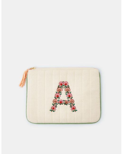 Accessorize Natural Embroidered Initial Quilted Pouch