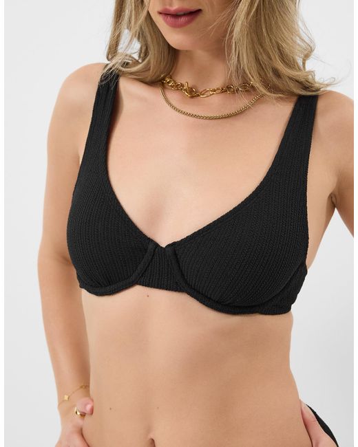 Accessorize Black Top Sleeveless Low Back Seersucker Crinkle Textured Underwire Bikini