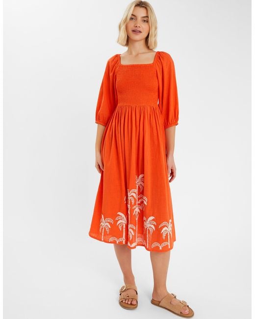 Accessorize Palm Embroidered Cotton Puff-Sleeve Midi Dress