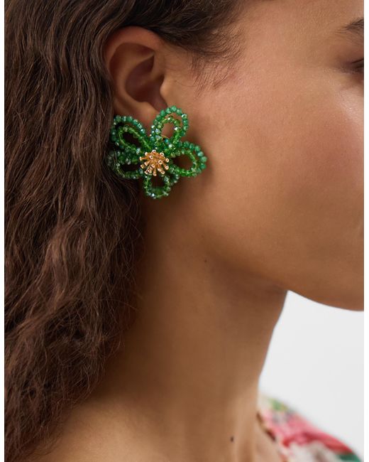 Accessorize Green Beaded Flower Stud Earrings
