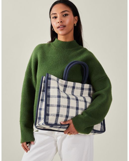 Accessorize Green And Cream Checked Cotton Woven Check Print Shopper Bag