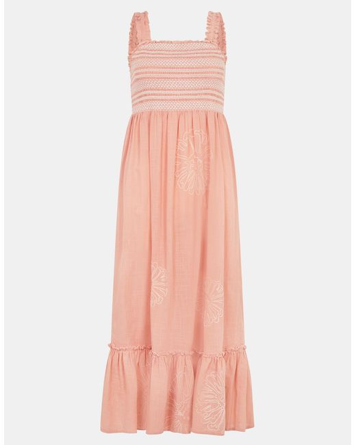 Accessorize Pink Cotton Floral Embroidered Smocked Midi Dress