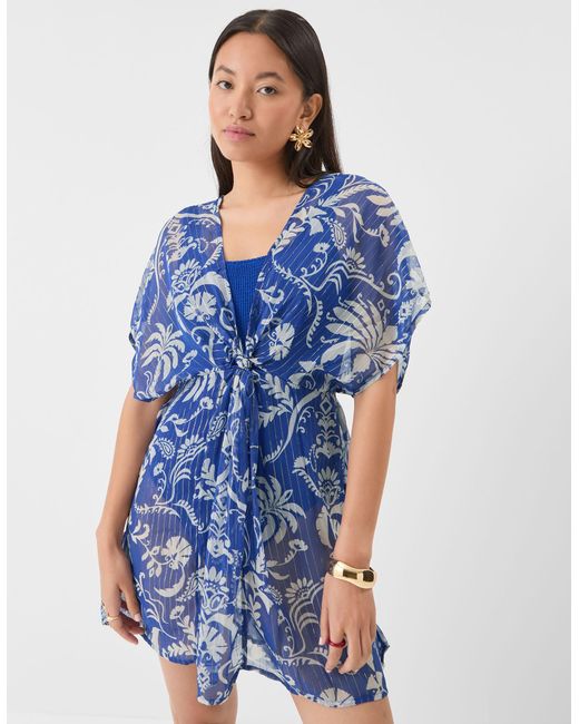 Accessorize Blue Palm Print Mini Kaftan Casual Short Sleeve V-Neck Polyester