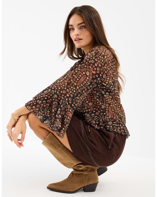 Accessorize Brown Paisley Print Floral Ruffle Blouse Top