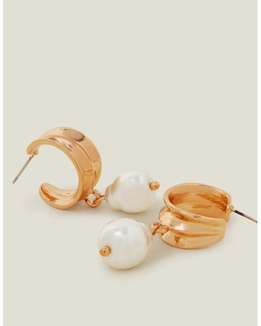 Accessorize Metallic Chunky Hoop Pearl Drop Earrings