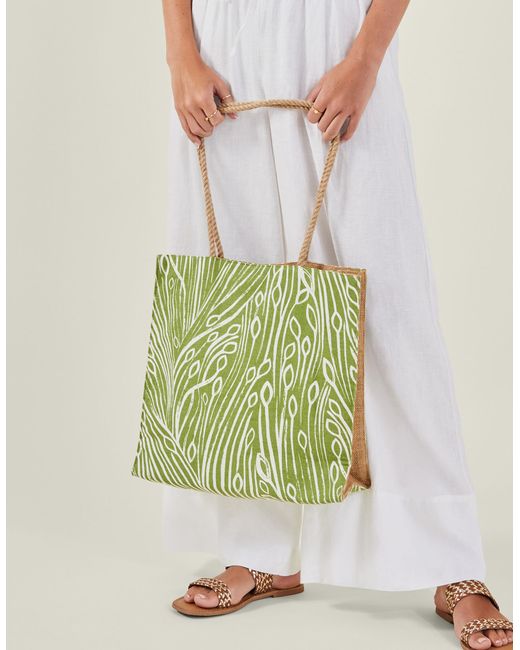 Accessorize Women's Green/white Leaf Print Jute Shopper Bag
