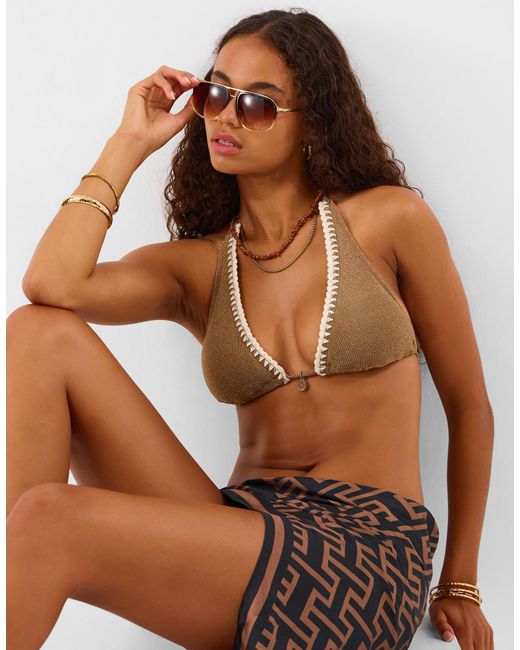 Accessorize Natural Shimmer Whipstitch Triangle Bikini Top