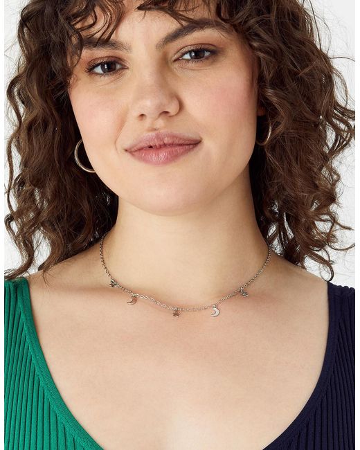 Accessorize Natural Steel Star And Moon Station Necklace