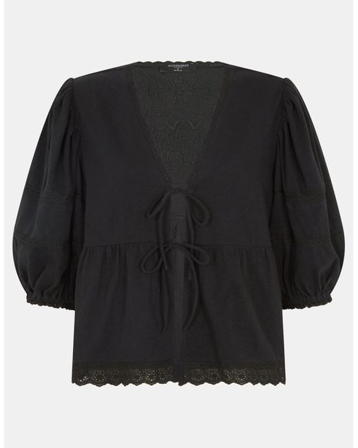 Accessorize Black Short Sleeve V-Neck Cotton Blouses Regular Puff Tie Front Blouse