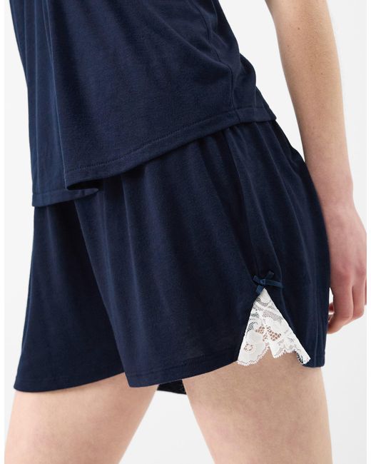 Accessorize Blue Sleeveless V-Neck Lace Trim Short Pyjamas Set
