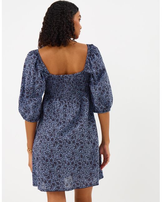 Accessorize Blue Mini Print Puff Cotton Floral Sleeve Dress