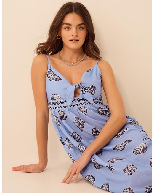 Accessorize Blue Cotton Shell Print Midi Dress
