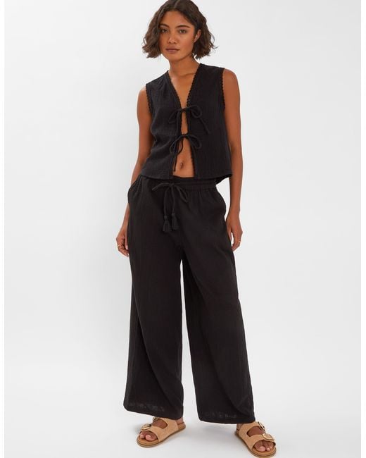 Accessorize Black Wide Leg Relaxed Fit Cotton Crinkle Beach Trousers