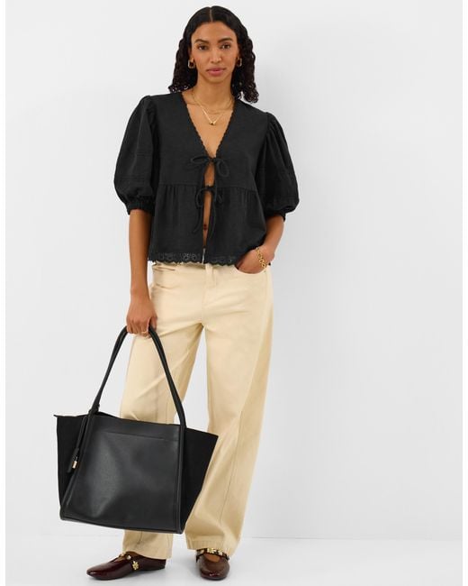 Accessorize Black Short Sleeve V-Neck Cotton Blouses Regular Puff Tie Front Blouse