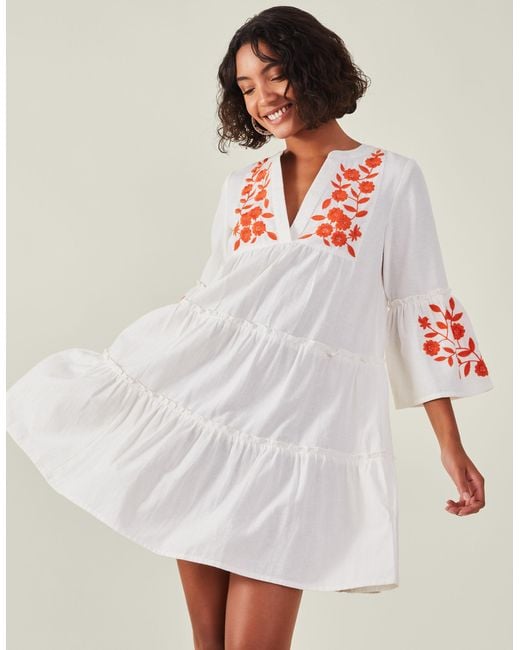Accessorize White Embroidered Flute Sleeve Mini Dress Ivory