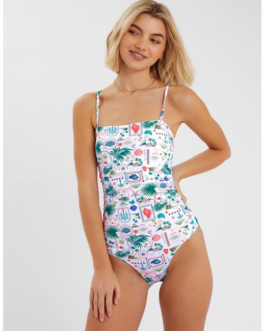 Accessorize Blue Postcard Print Swimsuit