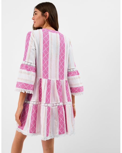Accessorize Pink Cotton Jacquard Shimmer Flute Sleeve Mini Dress