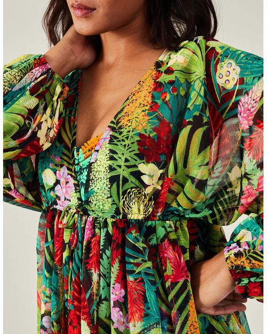 Accessorize Women's Jungle Print Long Sleeve Mini Beach Dress Green