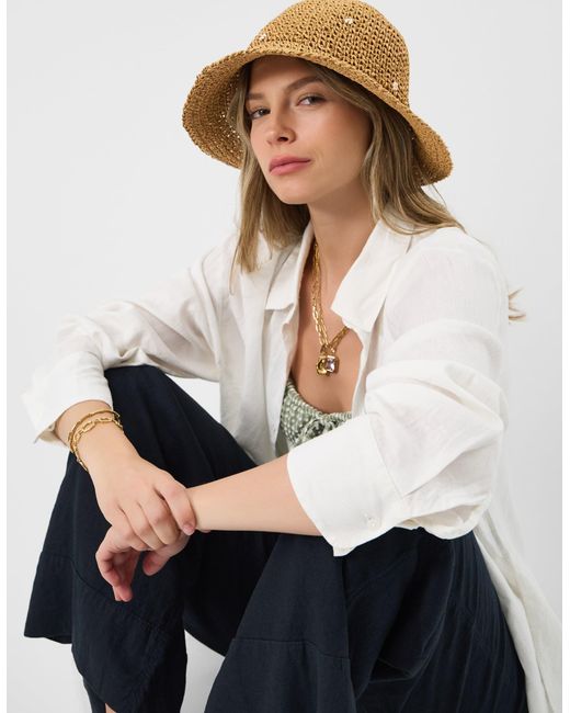 Accessorize White Beaded Flower Straw Bucket Hat
