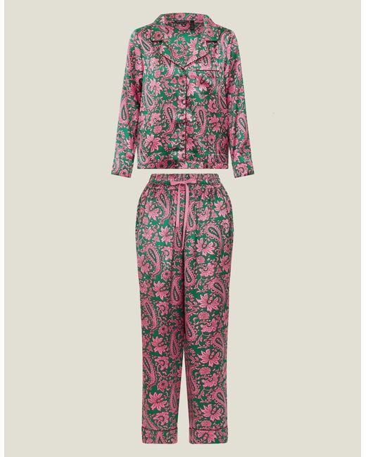 Accessorize Blue Paisley Satin Long Pyjamas Set