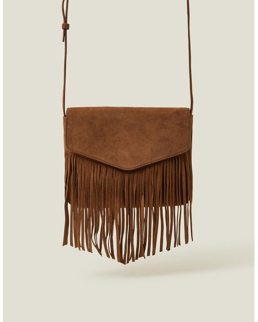 Accessorize Natural Women's Leather Fringe Cross-body Bag Tan