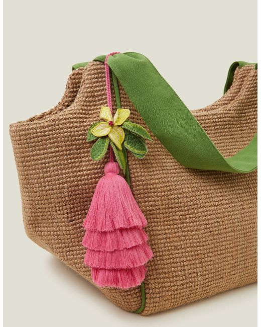 Accessorize Women's Green Floral Tassel Jute Shopper