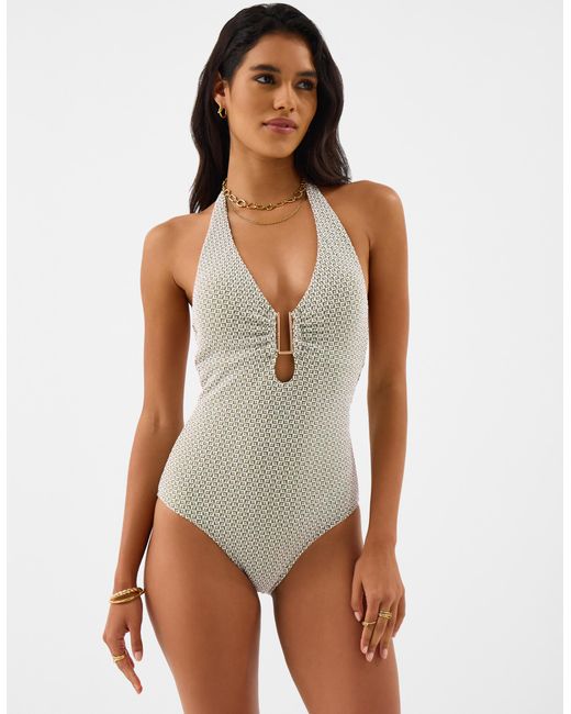 Accessorize White Geometric Textured Halter Neck Swimsuit