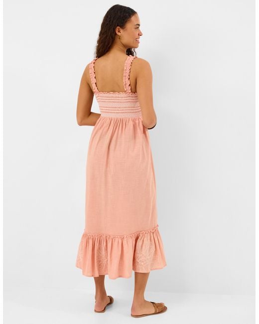 Accessorize Pink Cotton Floral Embroidered Smocked Midi Dress