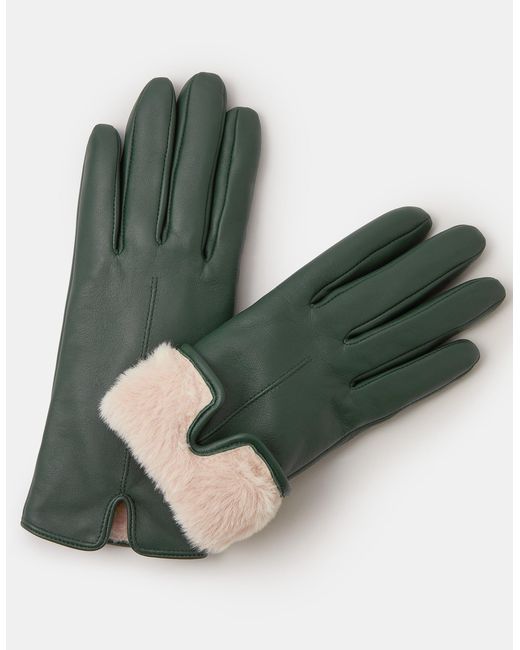 Accessorize Green Faux Fur Lined Leather Gloves, Size: S M
