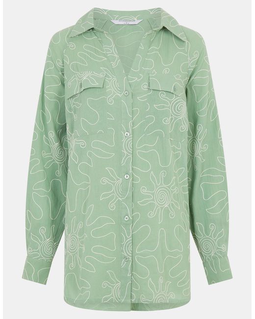 Accessorize Green Cotton Sun Embroidered Beach Cover Up Shirt