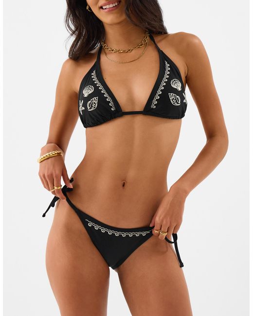Accessorize Brown Shell Embroidered Tie Side Bikini Bottoms