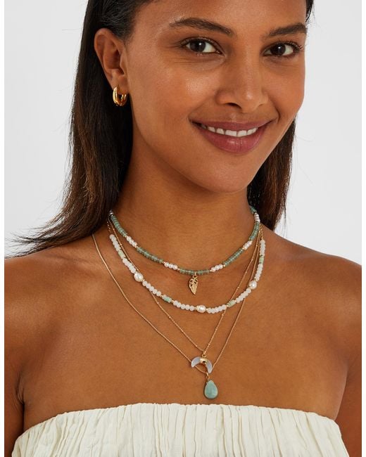 Accessorize White Feather Pendant Bead Layered Necklace