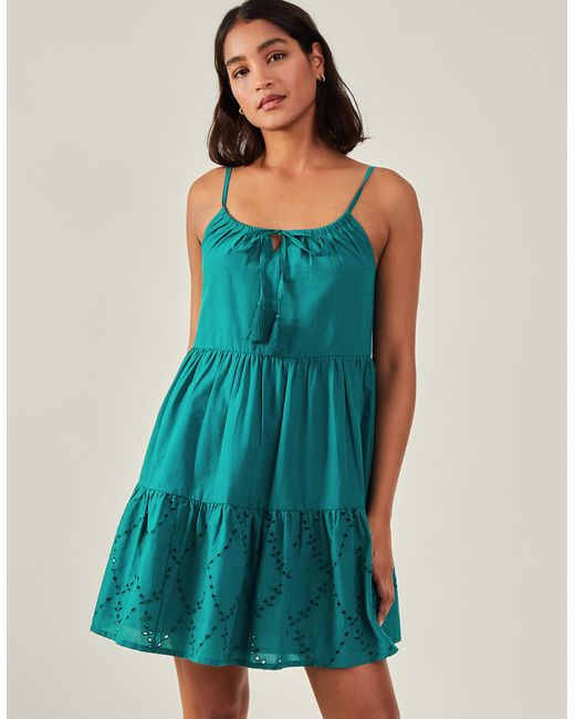 Accessorize Blue Women's Tiered Broderie Beach Dress Teal