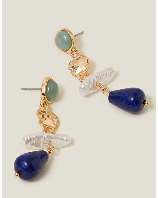 Accessorize Blue Women's Gold Eclectic Pearl Gem Drop Earrings