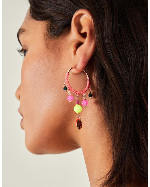 Accessorize Multicolor Gold Beaded Drop Hoop Earrings
